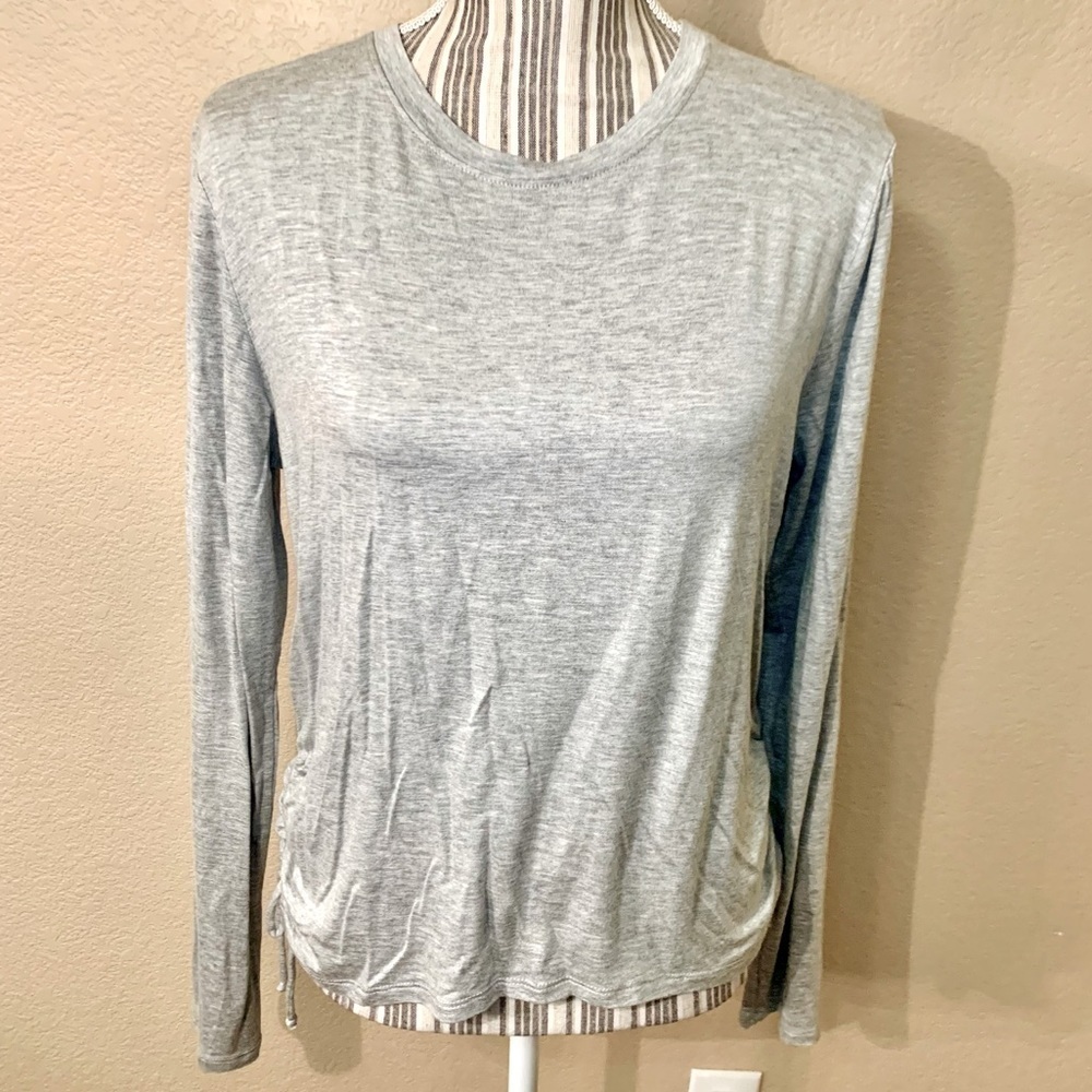 NWT Top Lg Jrs Rebellious One Grey Rayon Spandex Cinched Sides Ties Long Sleeves